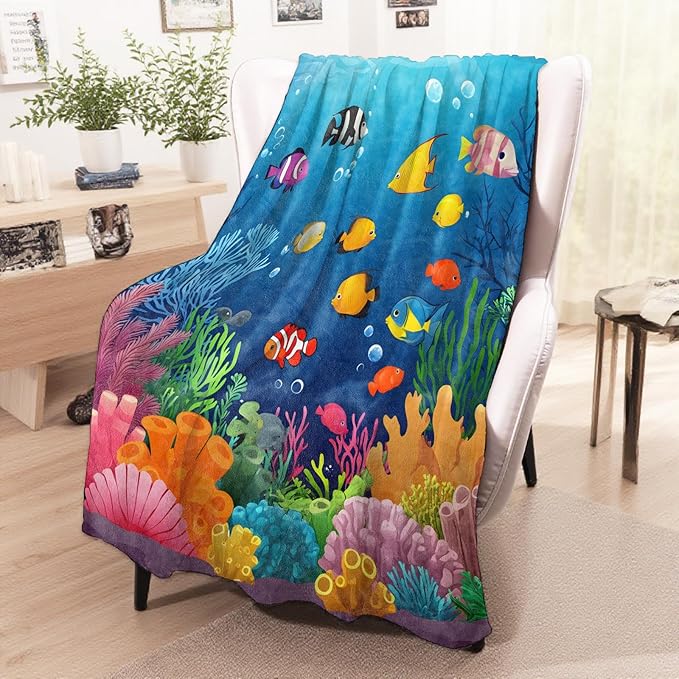 Colorful Fish Blanket, Cozy Flannel Cartoon Tropical Fish Throw Blanket for Couch Outdoor, Plush Soft Lightweight Travel Ocean Blankets for Bed Decor and Gifts, for Women Adults Kids 50"x60"