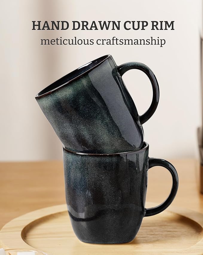 famiware Coffee Mugs Set of 4, Ocean Square 13oz Coffee Cup Set with Handle for Cocoa, Milk, Hot Chocolate, Stoneware Cups for Kitchen, Reactive Glaze, Microwave and Dishwasher Safe, Deep Forest