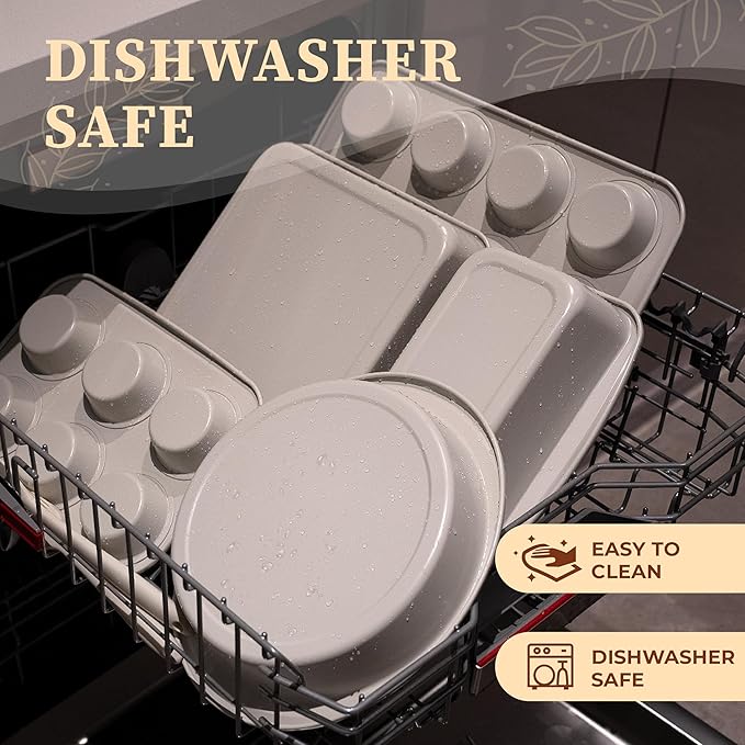 CARTMAN Bakeware Set 9-pieces Brown and White with Round/Square Cake Pan,Loaf Pan,6/12 Cup Muffin Pan,Cookie Sheet, Brush and Spatula, Carbon Steel Bake Set, Nonstick Stainless Steel Baking Pans Set