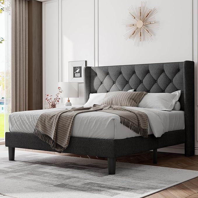 Feonase Full Size Bed Frame with Upholstered Wingback Headboard, Platform Bed and Heavy Duty Wooden Slats Support, Easy Assembly, Noise-Free, No Box Spring Needed, Dark Gray