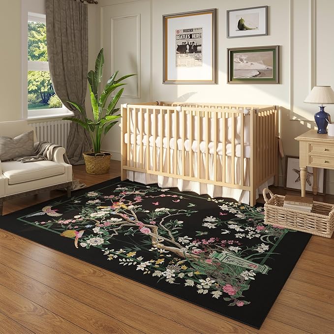 4x6 Rug Chinoiserie-Style Floral Vintage Washable Area Rugs Non Slip Low Pile Small Carpet for Bedroom, Bedside, Kids Room, Office, Dining Room, Black