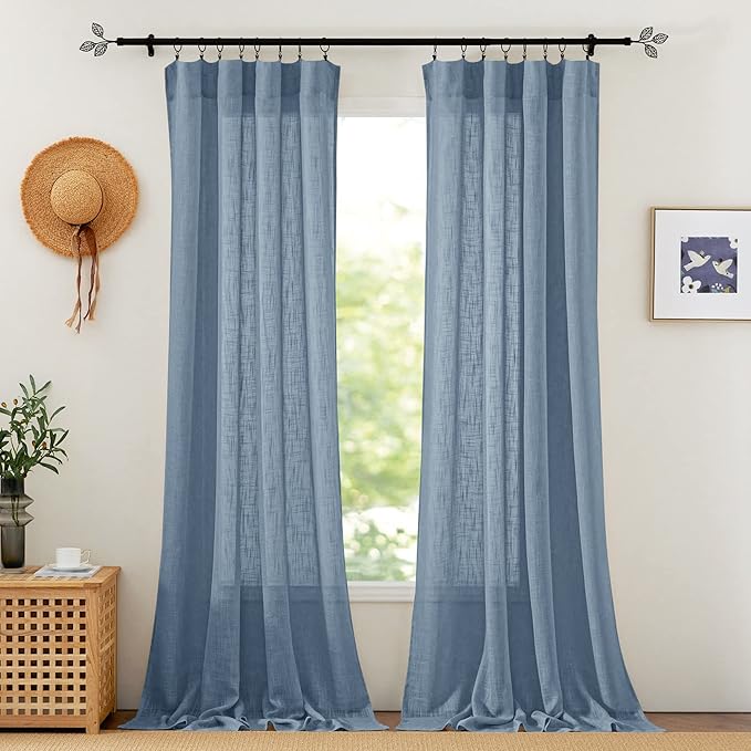 RYB HOME Linen Curtains 90 inches Long Super Soft Light & Privacy Rod Pocket Sheers for Living Room Bedroom Patio Door Backdrop Window Decor, Blue Haze, W 52 x L 90 inches, 2 Panels