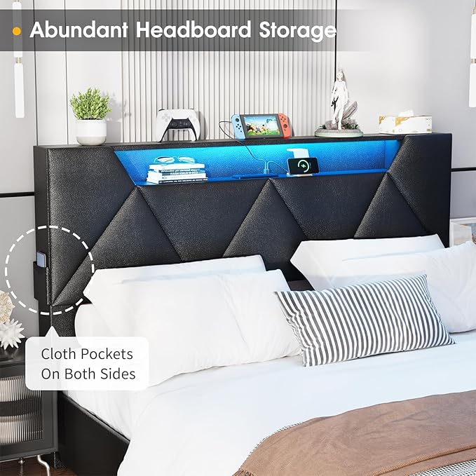Vabches Queen Bed Frame with Storage Headboard and 4 Drawers,Upholstered Platform with Charging Station and Led Lights,Adjustable Headboard with Pu Leather,No Box Spring Needed,Black