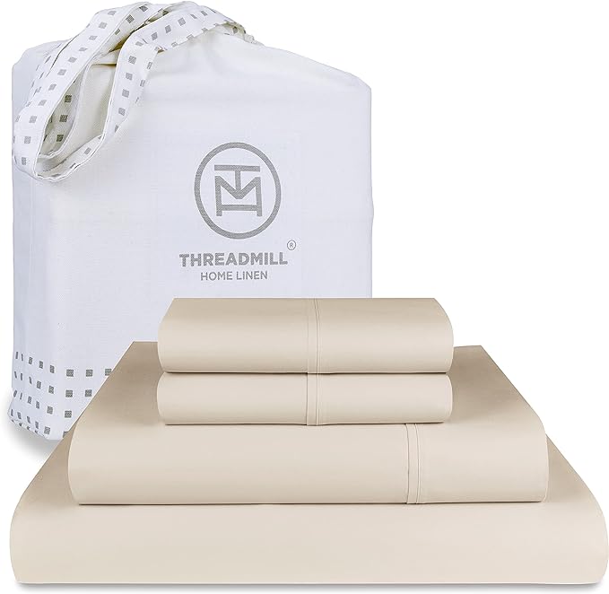 Threadmill 5-Star Hotel 500 Thread Count Best Bed Sheets, 100% Cotton Sheets Set for Queen Size Bed, Smoother Than Egyptian Cotton Claims, 4 Pc Set with Deep Pockets (Beige)