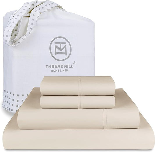 Threadmill 5-Star Hotel 500 Thread Count Best Bed Sheets, 100% Cotton Sheets Set for Queen Size Bed, Smoother Than Egyptian Cotton Claims, 4 Pc Set with Deep Pockets (Beige)