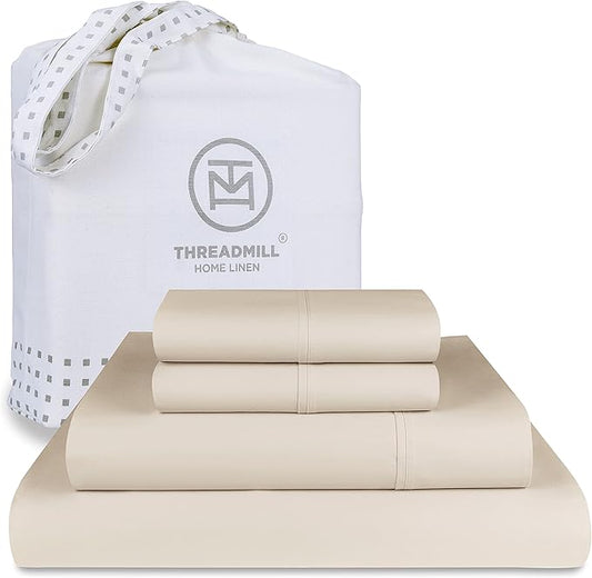 Threadmill Luxury Supima Cotton Sheets, Luxury 1000 Thread Count Soft 100% Cotton Sheets for Queen Size Bed, 4 Pc Beige Bed Queen Set, 5-Star Hotel Quality Elasticized Deep Pocket Bed Sheets Set