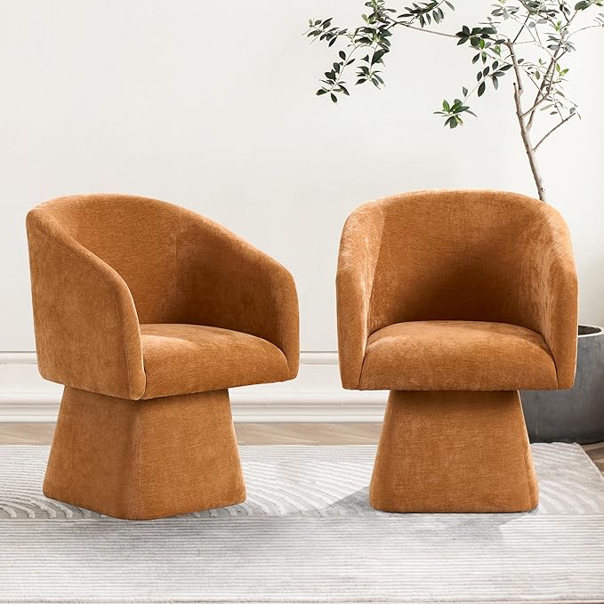 Swivel Modern Accent Chair,Luxury Fabric Upholstered Makeup Chair Comfy Barrel Chair with No Wheels,360°Rotating Vanity Armchair for Living Room Bedroom Office (Orange,Set of 2)