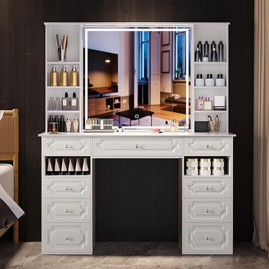 White Vanity Desk with Lighted Mirror, 47” Large Makeup Vanity with Drawers, 9 Drawer Dressing Table with Mirror, Elegant Make up Desk Adult Vanity for Bedroom