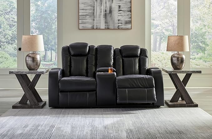 Signature Design by Ashley Caveman Den Modern Faux Leather Power Reclining Loveseat with Console, Adjustable Headrest and LED Lights, Black
