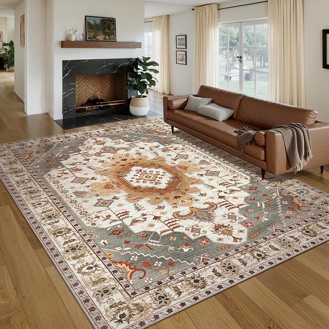 Tangsoo 8x10 Area Rug for Living Room, Washable Vintage Indoor Non Slip Large Area Rugs, Print Distressed Turmeric Carpet, Soft Low Pile Rug Foldable Floor Rug for Bedroom Dining Room Dorm
