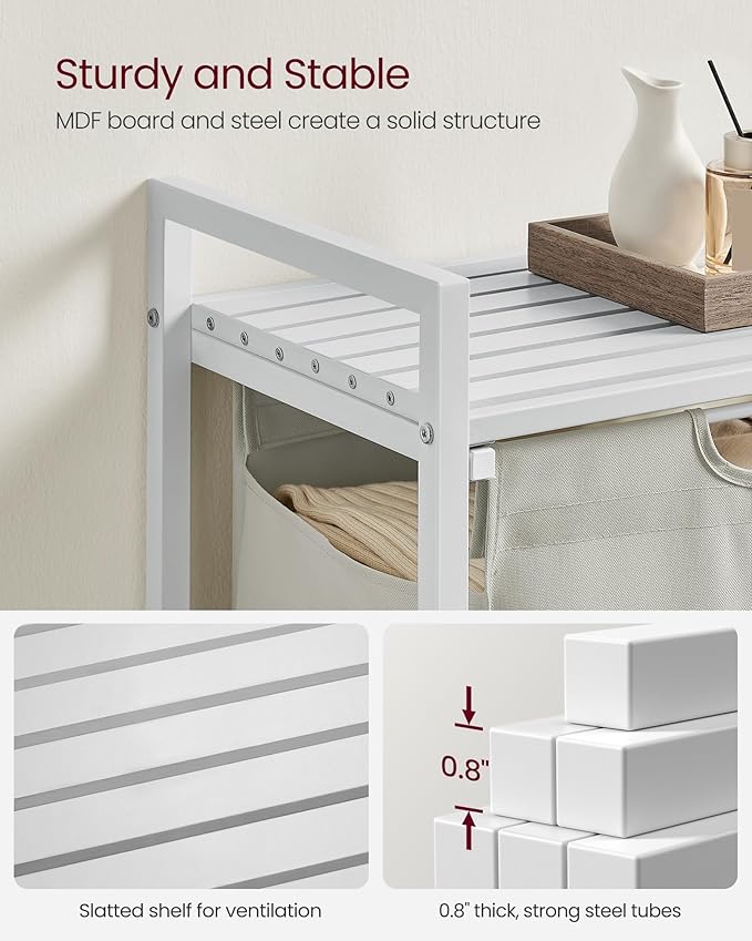 VASAGLE Laundry Hamper, Laundry Basket, Laundry Sorter with A Pull-Out and Removable Bag, Shelf, Metal Frame, 17.2 Gallons (65 L), 19.7 x 13 x 28.4 Inches, White UBLH101W01