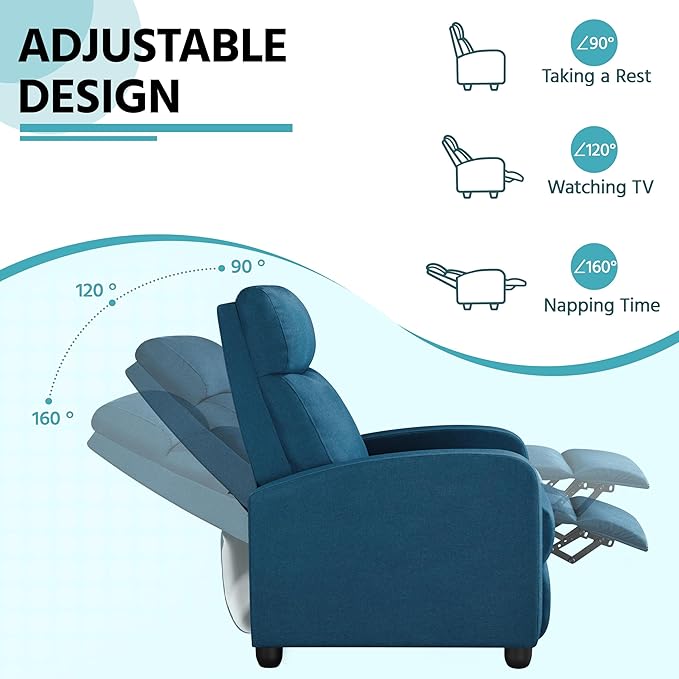 Yaheetech Fabric Recliner Sofa Modern Single Recliner Sofa Home Theater Seating with Thick Seat Cushion, Backrest and Pocket Spring, Blue