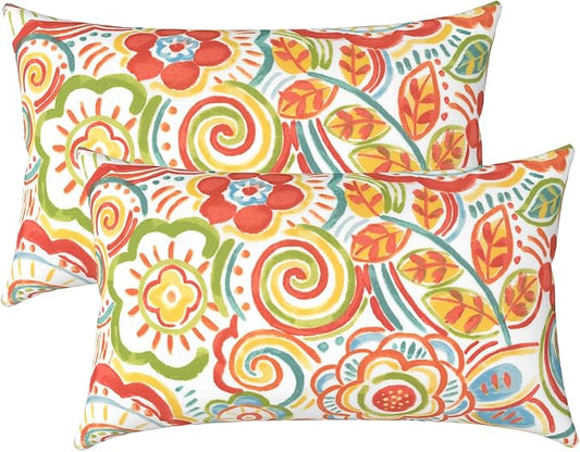 LVTXIII Outdoor/Indoor Lumbar Pillows, Decorative Patio Lumbar Cushions, Fluffy Water Repellent Garden Cushions for Home Patio Coach Sofa Use, 12×20 Inch, Pack of 2, Flower Multi