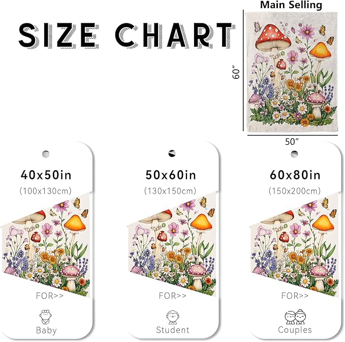 Colorful Mushroom Blanket, Cozy Flannel Flowers and Butterflies Throw Blanket for Couch Outdoor, Plush Soft Lightweight Travel Blankets for Bed Decor and Gifts, for Adults Women Kids 60"x80"