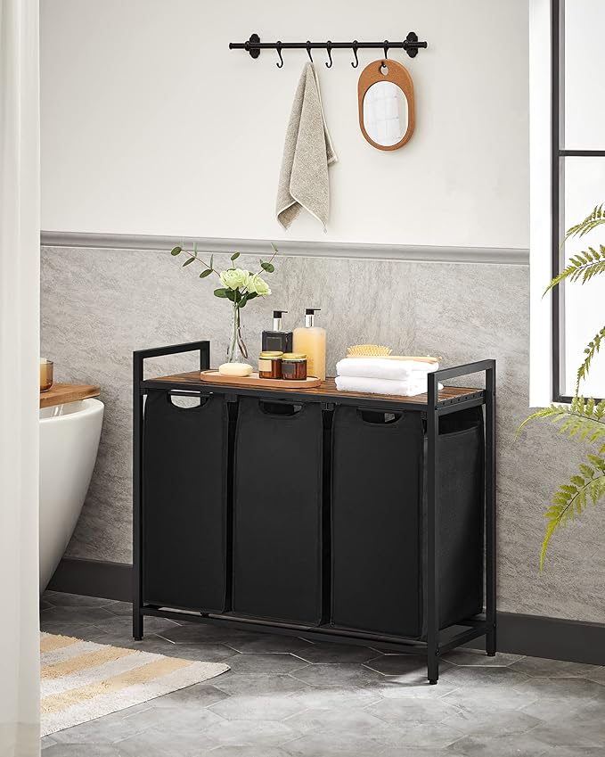 VASAGLE Cesto para Ropa Sucia, Cesta Colada, 3 Bolsas Colada de Tela Oxford Extraíble y Desmontable, 3 x 38 L, 92.5 x 33 x 72 cm, Estante, Marco Metálico, Negro MBLH301B01