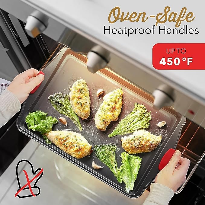 Baking Sheet Set, 2-Piece Cookie Sheet Set with Silicone Handles, Steel Baking Pan, Durable Baking Sheets for Oven, BPA Free Cookie Sheets for Baking Nonstick Set, Premium Sheet Pan, Black Baking Tray