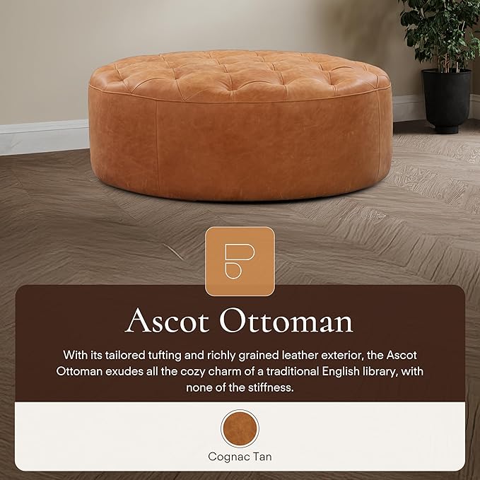 Poly & Bark Ascot Ottoman – 40" Round Pouf with Feather-Down Topper – Full-Grain Leather Upholstered Pouf Ottoman for Living Room – Vintage Italian Leather in Cognac Tan