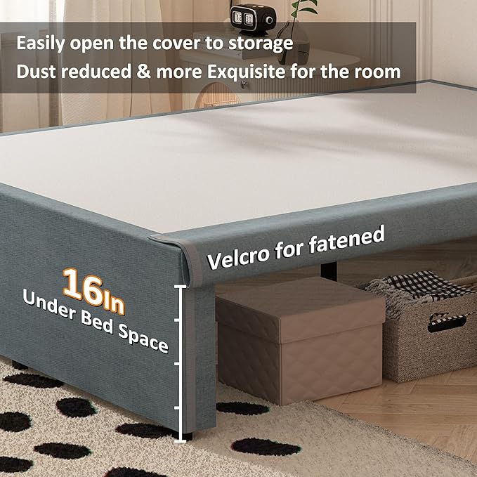 Queen Bed Frame with Fabric Cover 18 Inch, Heavy Duty Metal Bed Frame Queen Size, No Box Spring Needed, Support Up to 3000 lbs, Easy Assembly, Noise Free, Black