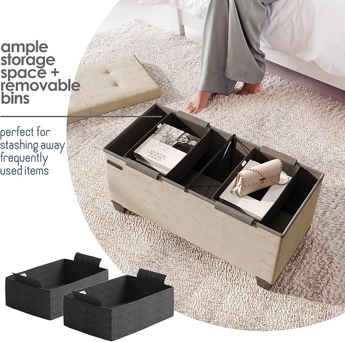 STORAGEBUD Storage Ottoman Bench with Bins, 30-in Storage Bench for Bedroom End of Bed, Folding Foot Rest Ottoman for Living Room Max 660lbs, Velvet Ottomans, Beige
