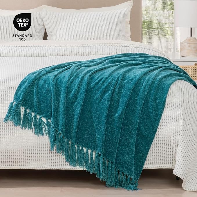 RECYCO Throw Blanket Soft Cozy Chenille Throw Blanket with Fringe Tassel for Couch Sofa Chair Bed Living Room (Teal, 50'' x 60'')
