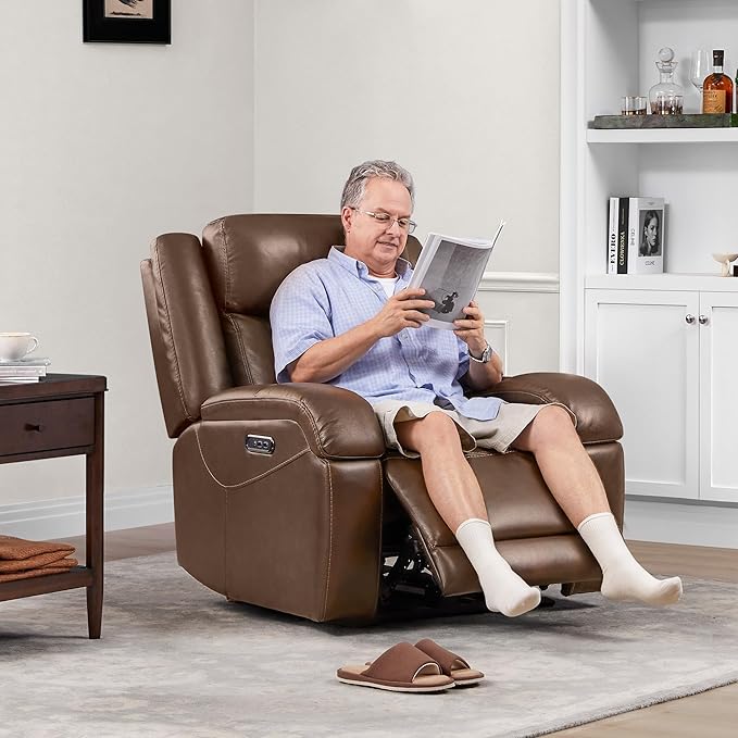 Watson & Whitely Genuine Leather Power Recliner Chairs for Adults, Wall Hugger RV Recliner with Power Headrest & Charging Ports, Electric Recliner Sofa Chair for Living Room, Cafe