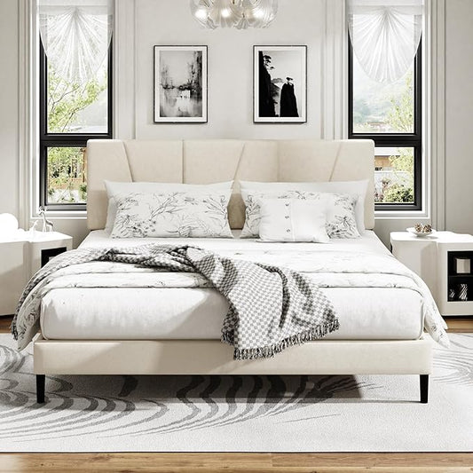 King Size Platform Bed Frame with Upholstered Headboard, Wooden Slats Support, Noise Free, No Box Spring Needed, Easy Assembly, Beige, Velvet