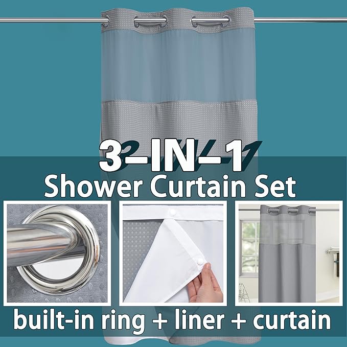 Conbo Mio Stall No Hook Waffle Weave Shower Curtain with Snap in Liner Set, Hotel Luxury Grey Shower Curtains for Bathroom with See Through Top Window, Waterproof, Washable 36W x 74H