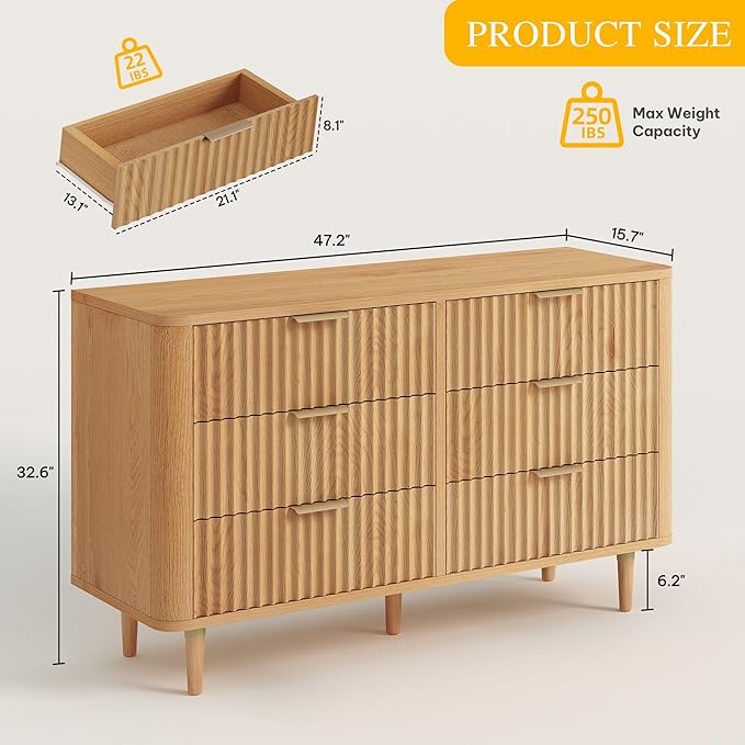 DWVO 6 Drawer Dresser with Fluted Panel, 47.2" Wide Modern Closet Dressers Chest of Drawers, Wood Storage Dresser Organizer for Bedroom, Dorms, Flats, Living Rooms, Hallways, Natural Oka