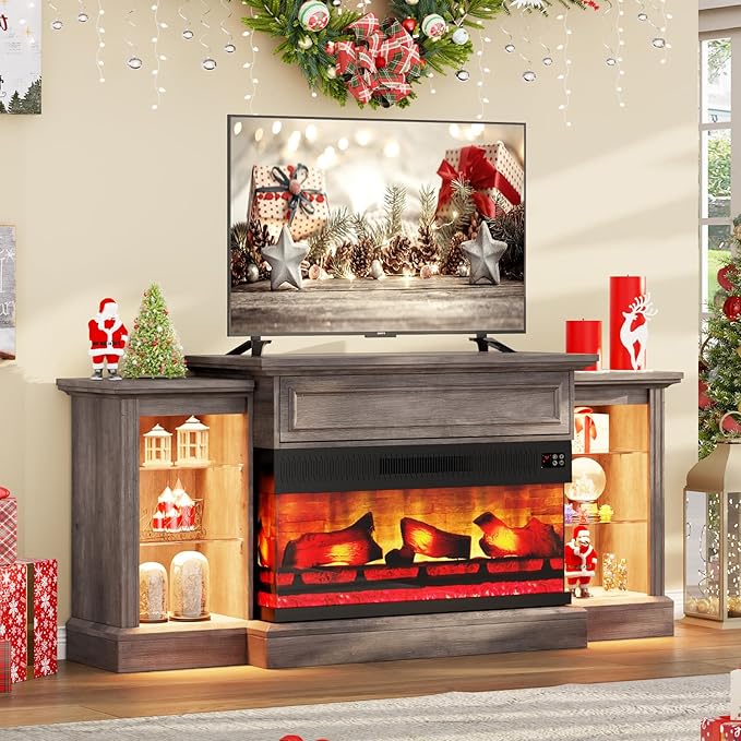 AMERLIFE 60" Electric Fireplace with Mantel, Farmhouse 3-Sided Fireplace TV Stand for TVs up to 65 Inch, Entertainment Center with Adjustable Shelves & LED Light, Rustic Grey