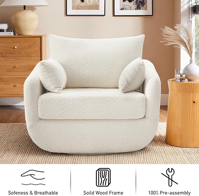 360° Swivel Accent Armchair, 39.3" Oversized, Sherpa Boucle Fabric Sofa Chair with Removable Back & Arm Pillows, Cream White Swivel Chair with Cozy Soft Padded, No Assembly Required