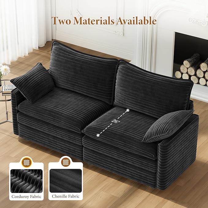 Vesgantti 74" Loveseat Sofa for Living Room, Comfy Cloud Couch Deep Seat Corduroy Modern 2 Seater Small Sofa with Armrest Pillow, Easy Assembly for Small Spaces, Black