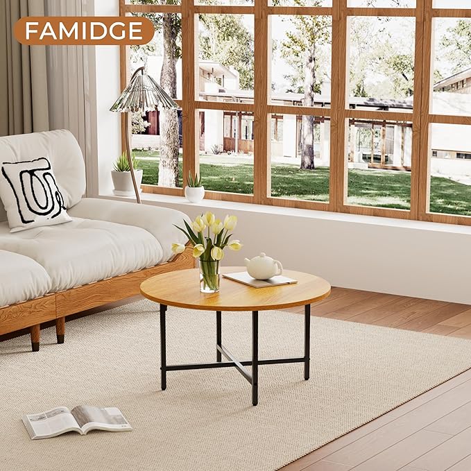 Coffee Table, 23.6" Coffee Tables for Living Room, Round Coffee Table with Metal Frame, Floor Table for Sitting on The Floor, Home, Office, Honey Brown