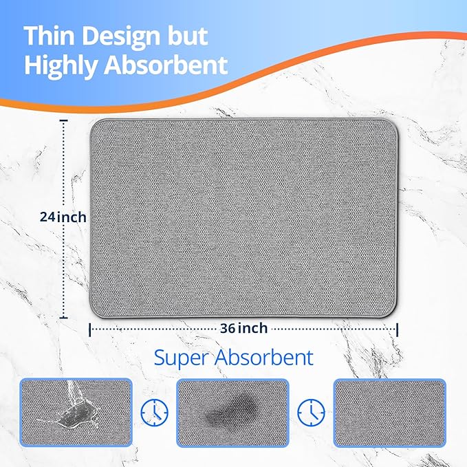 Upgraded Thin Bathroom Rugs, Bath Mat Super Absorbent, Bath Rugs Rubber Backing Non-Slip, Quick Dry Machine Washable, Cozy Cloth Bathroom Mat fit Under Door/Sink/ Bathtub/Floor/Shower 24''x36''-Gray