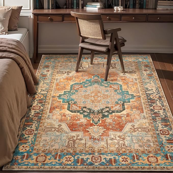 Tangsoo 4x6 Washable Rug Vintage Non Slip Indoor, Distressed Carpet for Living Room, Dining Room, Soft Low Pile Rugs Foldable Floor for Bedroom Dorm Bedside Bathroom Rusty Orange