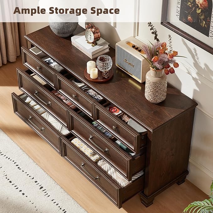 Farmhouse 7 Drawer Dresser for Bedroom, 54” Wide Dresser for Closet, Large Rustic Wooden Dressers, Chest of Drawers for Bedroom, Living Room, Entryway, Walnut