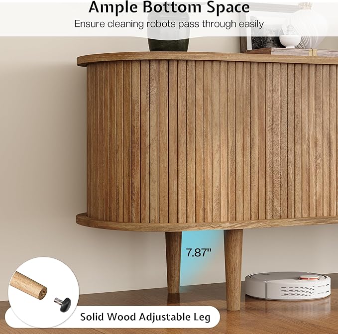 70" TV Stand with Tambour Door, Mid Century Modern TV Console with Solid Wood Legs for TVs up to 80", Fluted Entertainment Center with Dust-Proof Storage for Living Room, Natural Oak