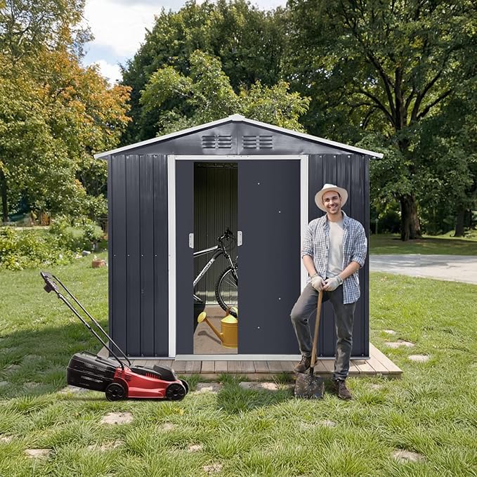 7x4.3 Ft Outdoor Storage Shed, Heavy-Duty Metal Shed with Windows & Secure Lockable Doors, Ideal Storage Shed for Outdoor, Patio, Garden, and Backyard, Black