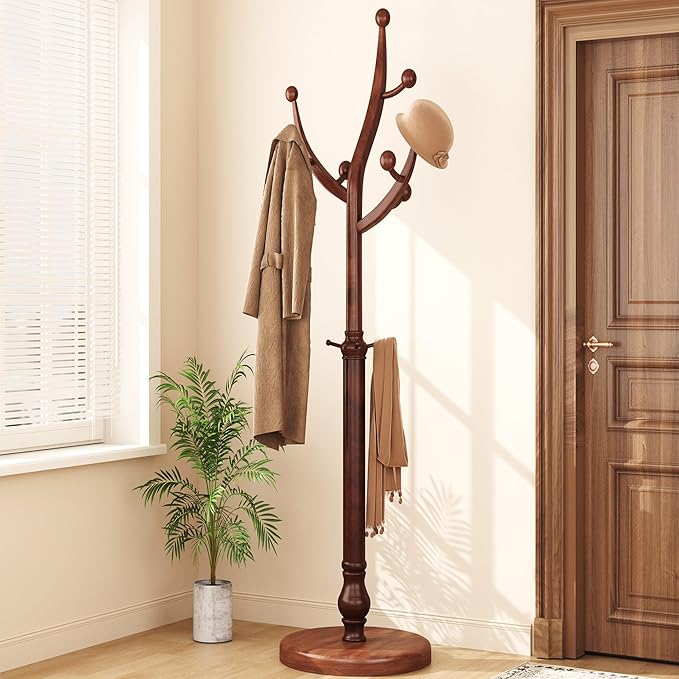 HOMEFORT Coat Rack Freestanding, Wooden Coat Rack with 11 Hookss, Rubber Wood Coat Hanger with Sturdy Round Base, Vintage Coat Hat Rack for Entryway, Hallway, Bedroom,Walnut