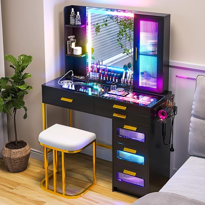 HENBC Vanity with Mirror and LED Lights, Glass Top Vanity Desk with Charging Station(Wireless+USB+Type-C), RGB Makeup Table Set with Stool/Makeup Organizer/6 Drawers (Black)