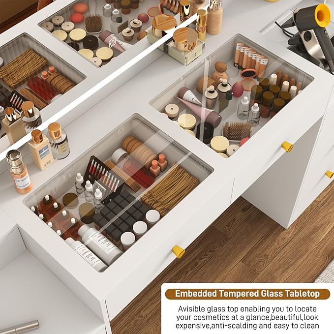 Large Vanity Desk w/60000-color LED Lights,Tempered Glass Top,Outlet,62inch White Makeup Vanity Table w/ 3 Lights Mode Mirror & Lights,9 Drawers,2 RGB Cabinet,LED Dressing Table for Women