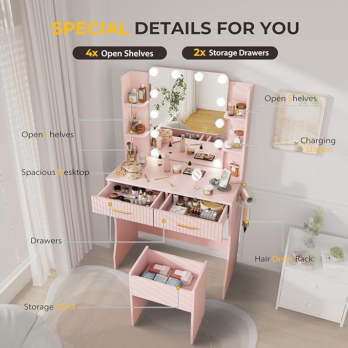 Vanity Desk with LED Lighted Mirror, Makeup Vanity with 3 Adjustable Lights, 2 Large Drawers and 4 Open Shelves, Pink Vanity Table with Storage Stool for Bedroom