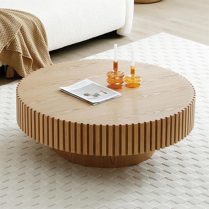 Round Coffee Table for Living Room, Accent Fluted Drum Coffee Table with Storage, Modern Solid Wood Circle Center Tea Table for Small Space Apartment (35.4''D×14''H-Natural)