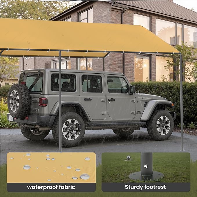 GOJOOASIS 10x20 Carport Heavy Duty Portable Garage Shelter Metal Car Canopy Tent with UV-Resistant & Weatherproof Top Cover for RV & Vehicles (Yellow, 10x20 Without sidewalls)