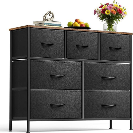 Dresser for Bedroom with 7 Drawers, Chest of Drawers, Storage Drawers Organizer Unit, Black Wide Fabric Dresser with Fabric Bins for Closet, Living Room, Entryway (Black and Rustic Brown)