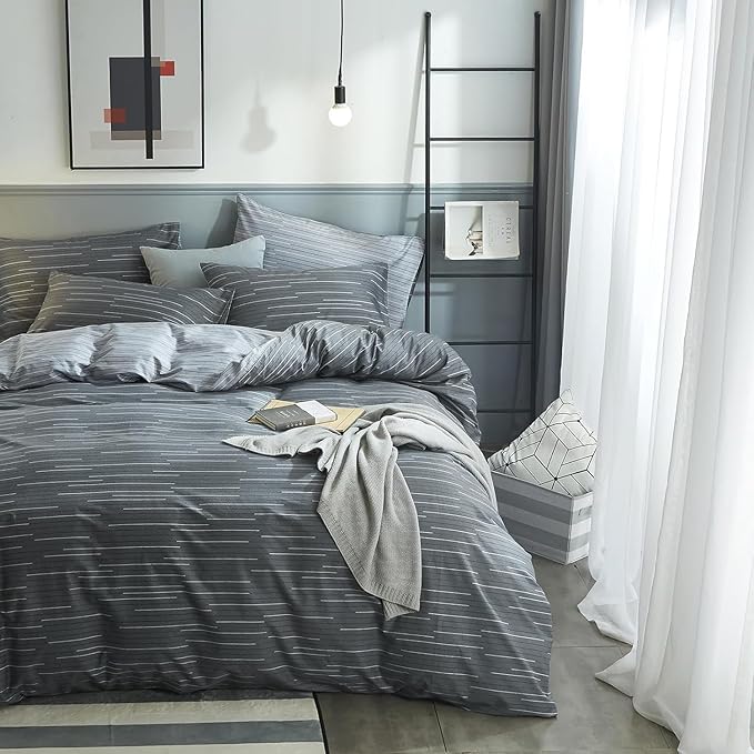 mixinni Full Size Comforter Set for Teen Modern Geometric Boys Grey Striped Printed Comforter Set Men Boys for All Season, 1 Soft Fluffy Comforter and Two Pillowcases-Full Size
