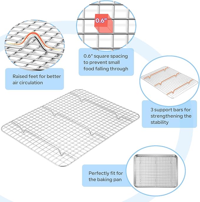 TeamFar Baking Sheet with Rack, 16 x 12 x 1 Inch Stainless Steel Cookie Baking Pan Tray with Grid Rack for Baking Roasting Cooling, Healthy & Heavy-Duty, Oven & Dishwasher Safe