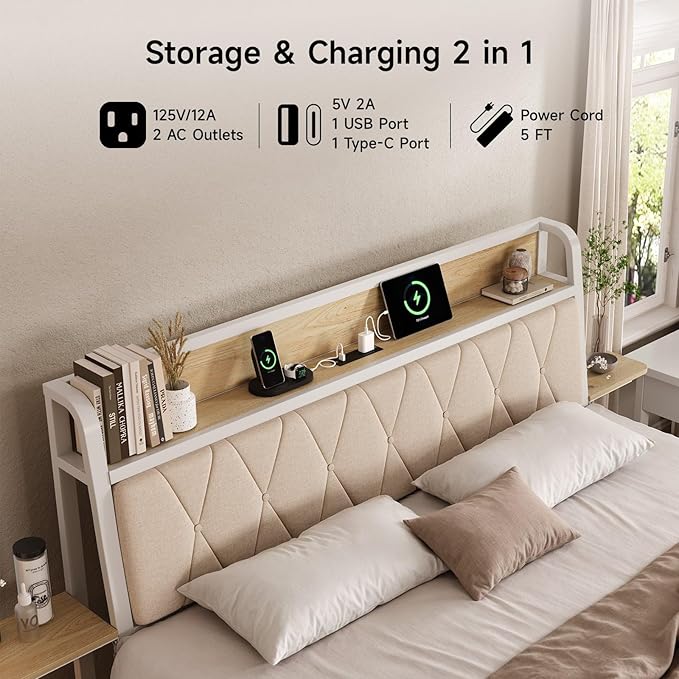 Queen Bed Frame with Side Storage Shelf, Ergonomic Upholstered Headboard with Charging Station, Queen Size Platform Bed Frame, Metal Slats Support, No Box Spring Needed, Easy Assembly, White