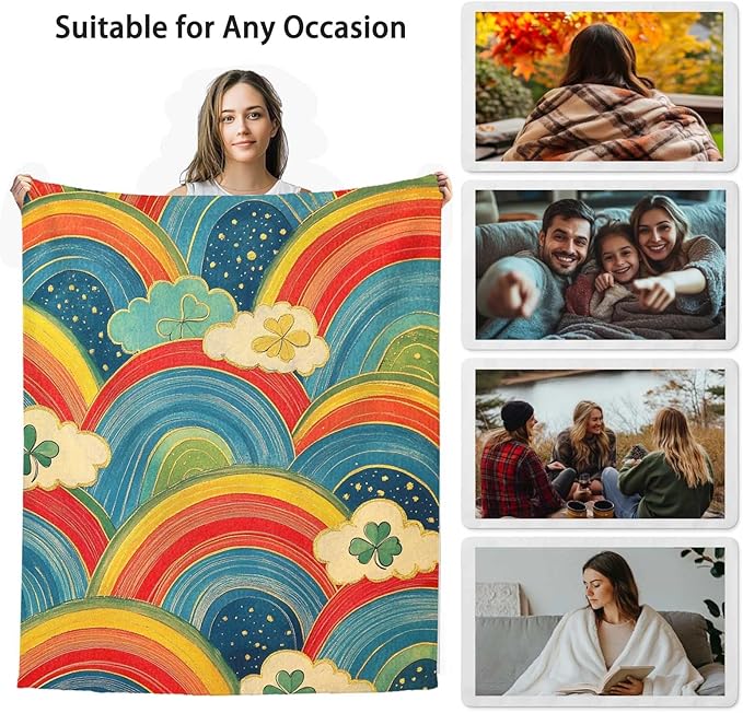 Rainbow Throw Blanket for Women Girls, St Patricks Day Clover Decor for Living Room and Bedroom, Fluffy Lightweight Fleece, Giftable, 50x60 Inches