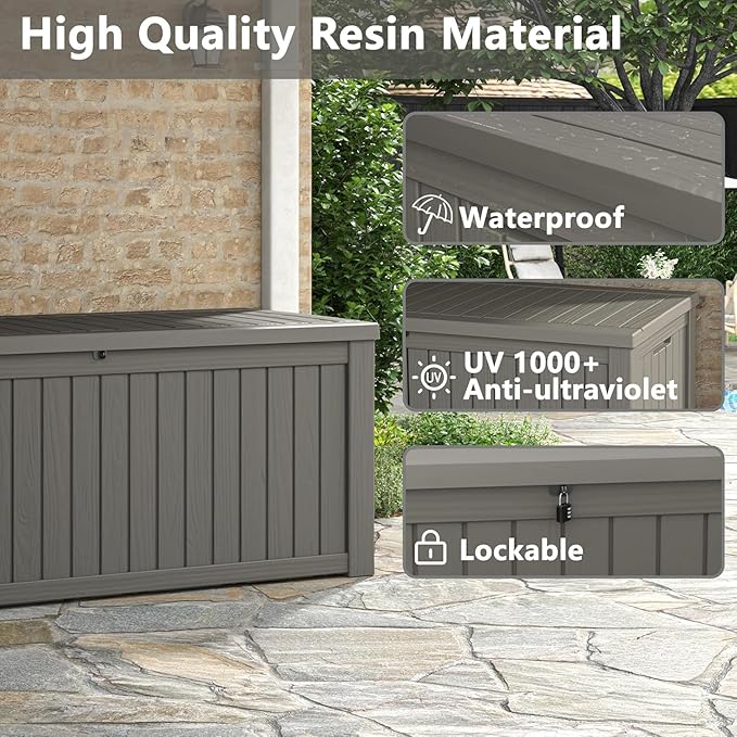 NUNU LAB 150 Gallon Outdoor Storage Box,Resin Large Sturdy Deck Box, Backyard Outside Storage Box Waterproof with Double Wall Panels,Package Delivery,Garden Outdoor Hose Bin