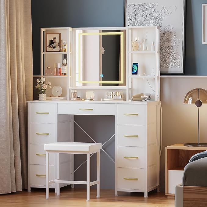 Vanity Desk with Mirror and Lights Charging Station Modern Industrial Dressing Table with 9 Fabric Drawers and Open Storage Shelves,Makeup Vanity Table for Woman Bedroom (White)